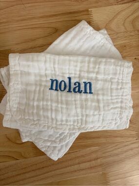 Personalized White Baby Bib with Blue Embroidered Name